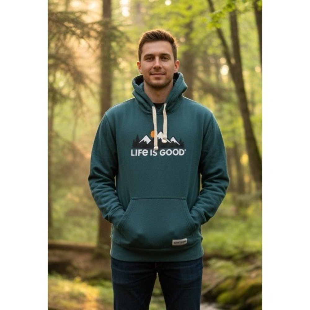 Life Is Good Hooded Sweatshirt Men's Size L Teal Green Graphic Pullover Kangaroo